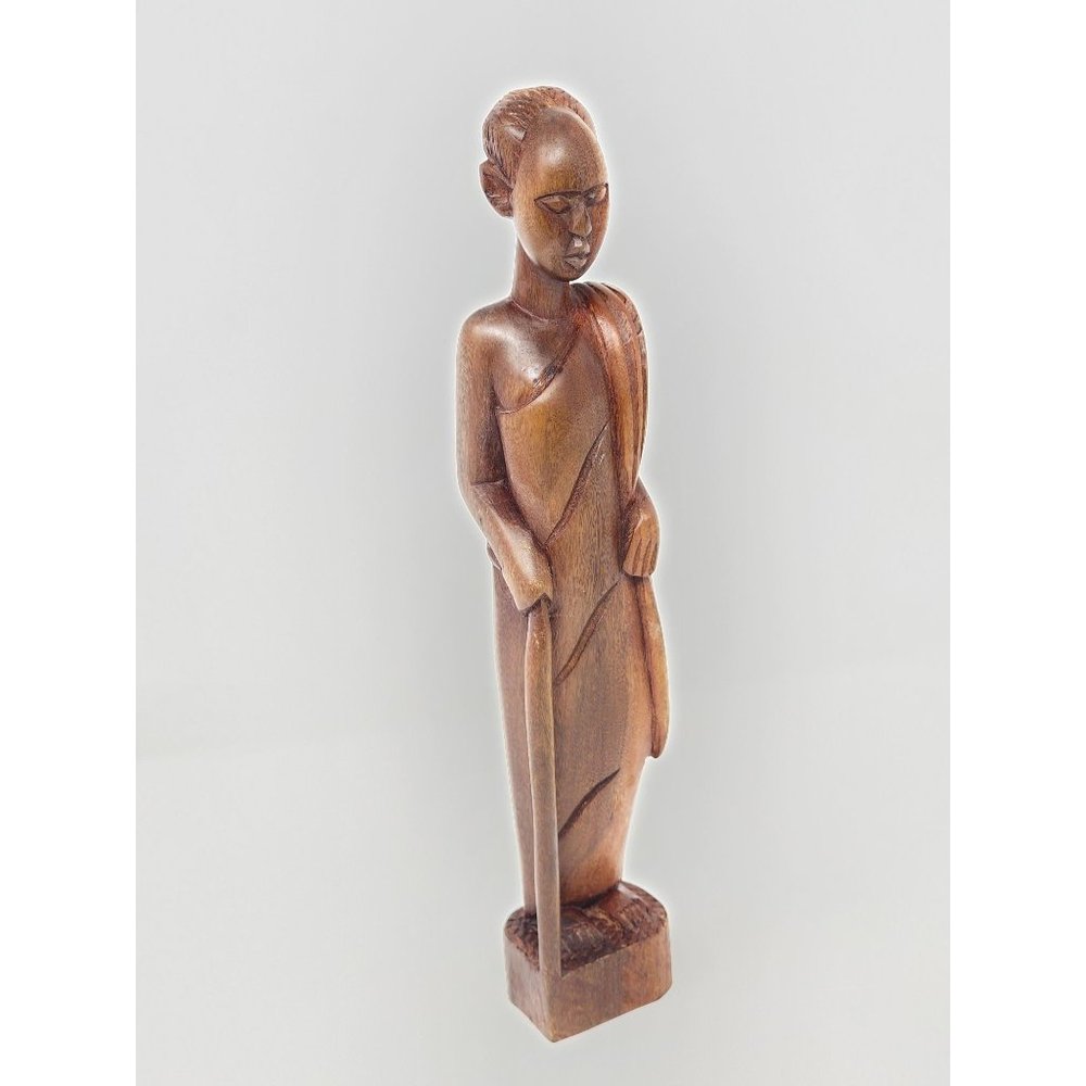 African Ebony Male/Female With A Cane Wood‎ Carved Figurine Statue